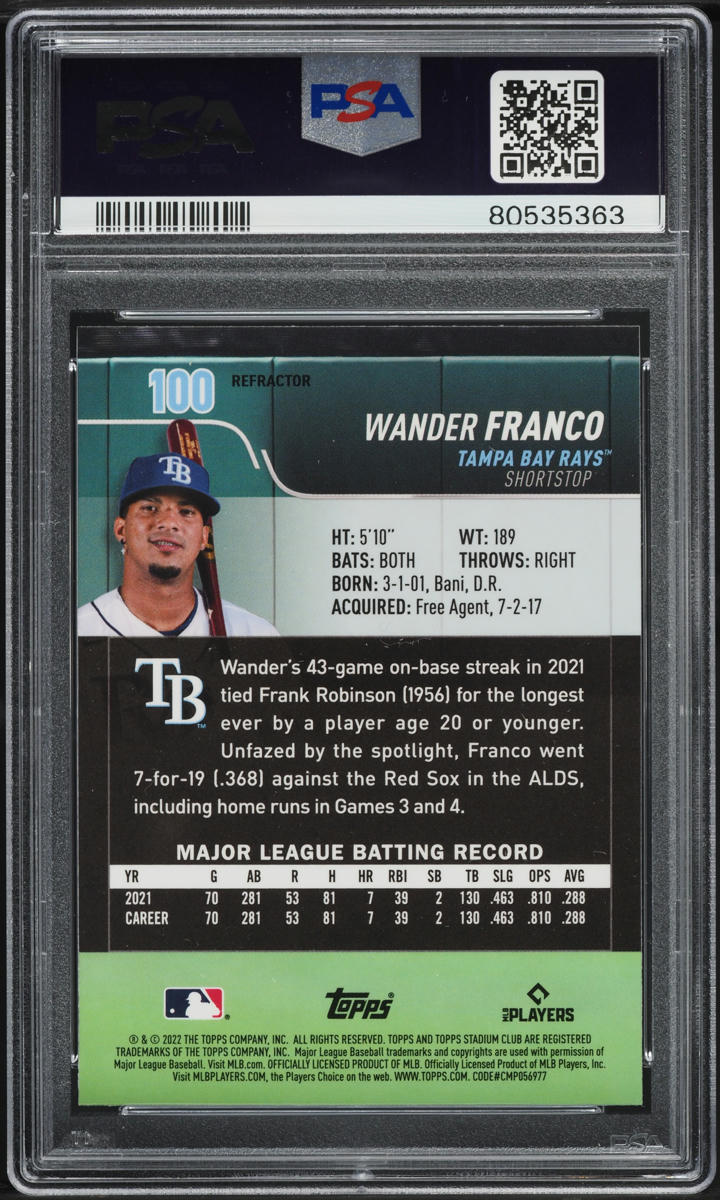 2022 Stadium Club Chrome Refractor Wander Franco ROOKIE #100 PSA 10 GEM MINT