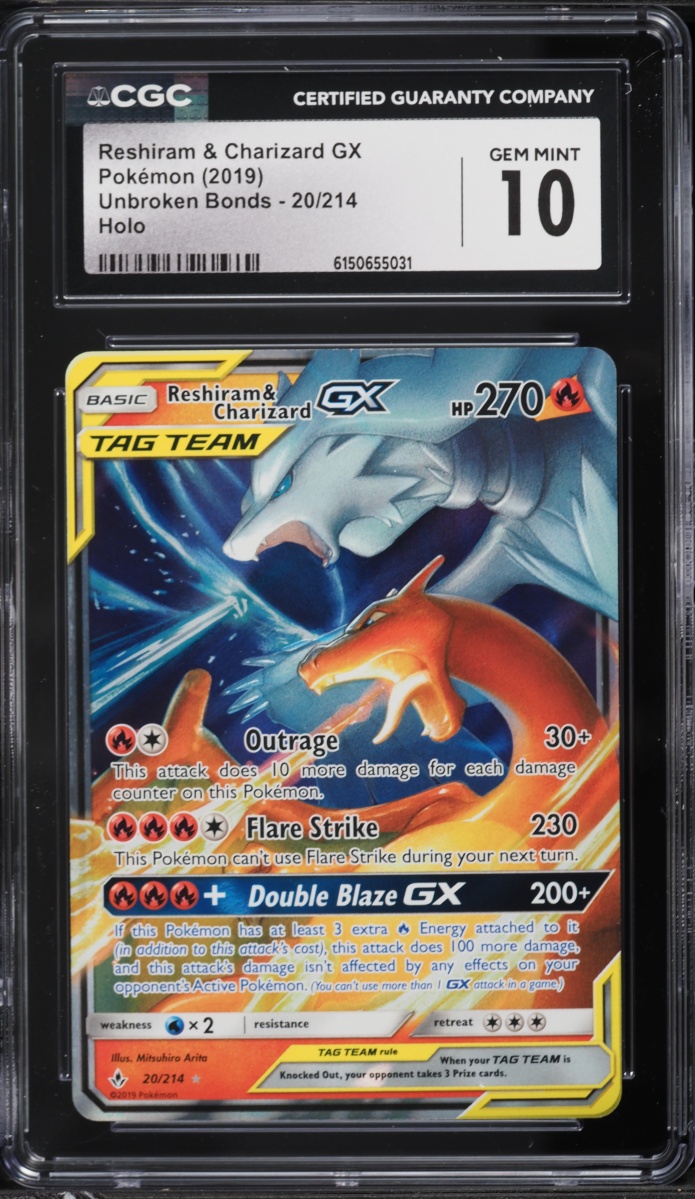 2019 Pokemon Sun & Moon Unbroken Bonds Alt Art Reshiram & Charizard GX #20 CGC 10 GEM MINT
