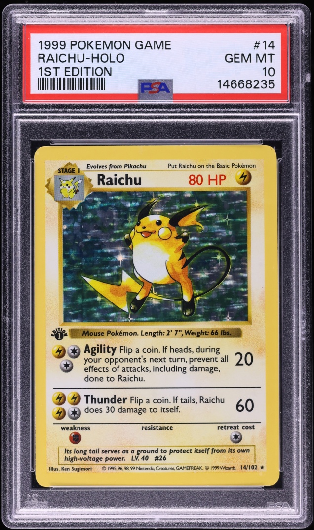 1999 Pokemon Base Set Shadowless 1st Edition Holo Raichu #14 PSA 10 GEM MINT
