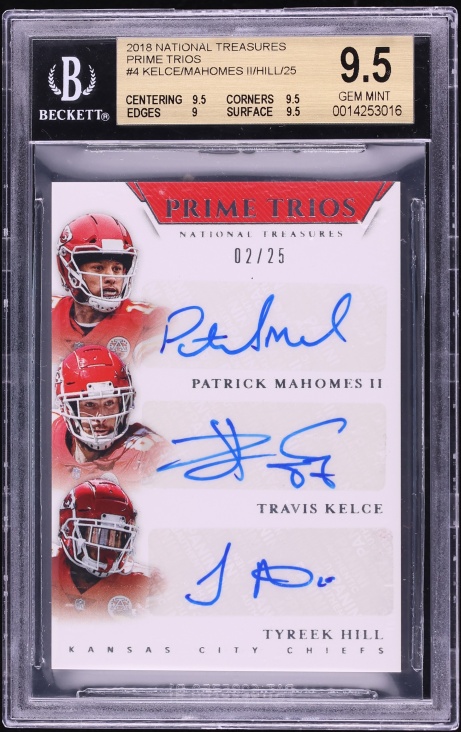 2018 National Treasures Prime Travis Kelce Patrick Mahomes II Tyreek Hill AUTO /25 BGS 9.5 GEM