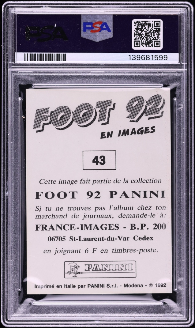 1991 Panini Foot '92 Zinedine Zidane ROOKIE #43 PSA 8 NM-MT