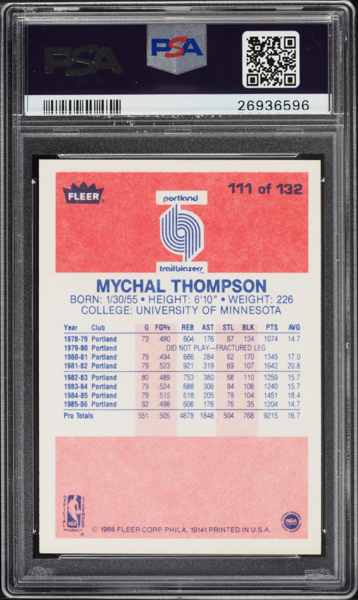 1986 Fleer Basketball Mychal Thompson #111 PSA 9 MINT