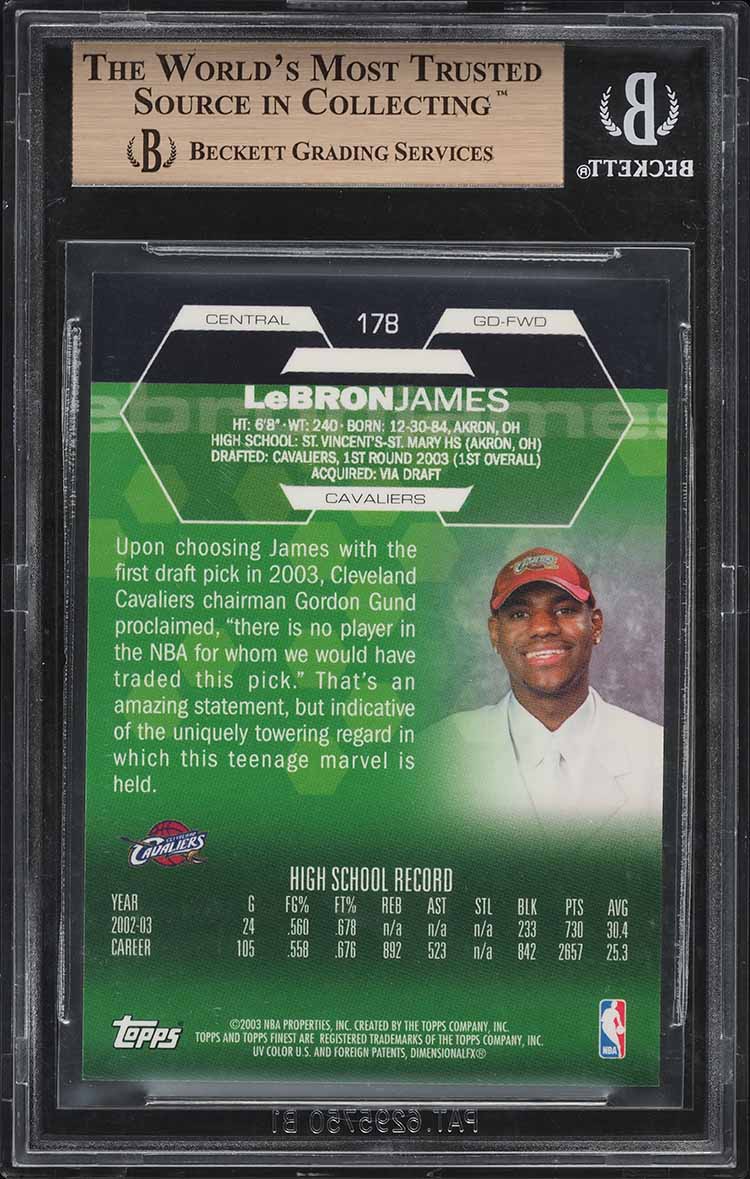 2002 Finest Basketball LeBron James ROOKIE #178 BGS 10 PRISTINE