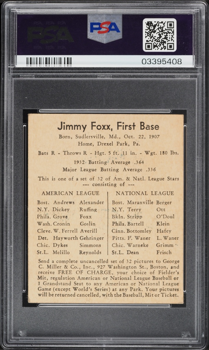 1933 George C. Miller Jimmy Foxx PSA 5 EX