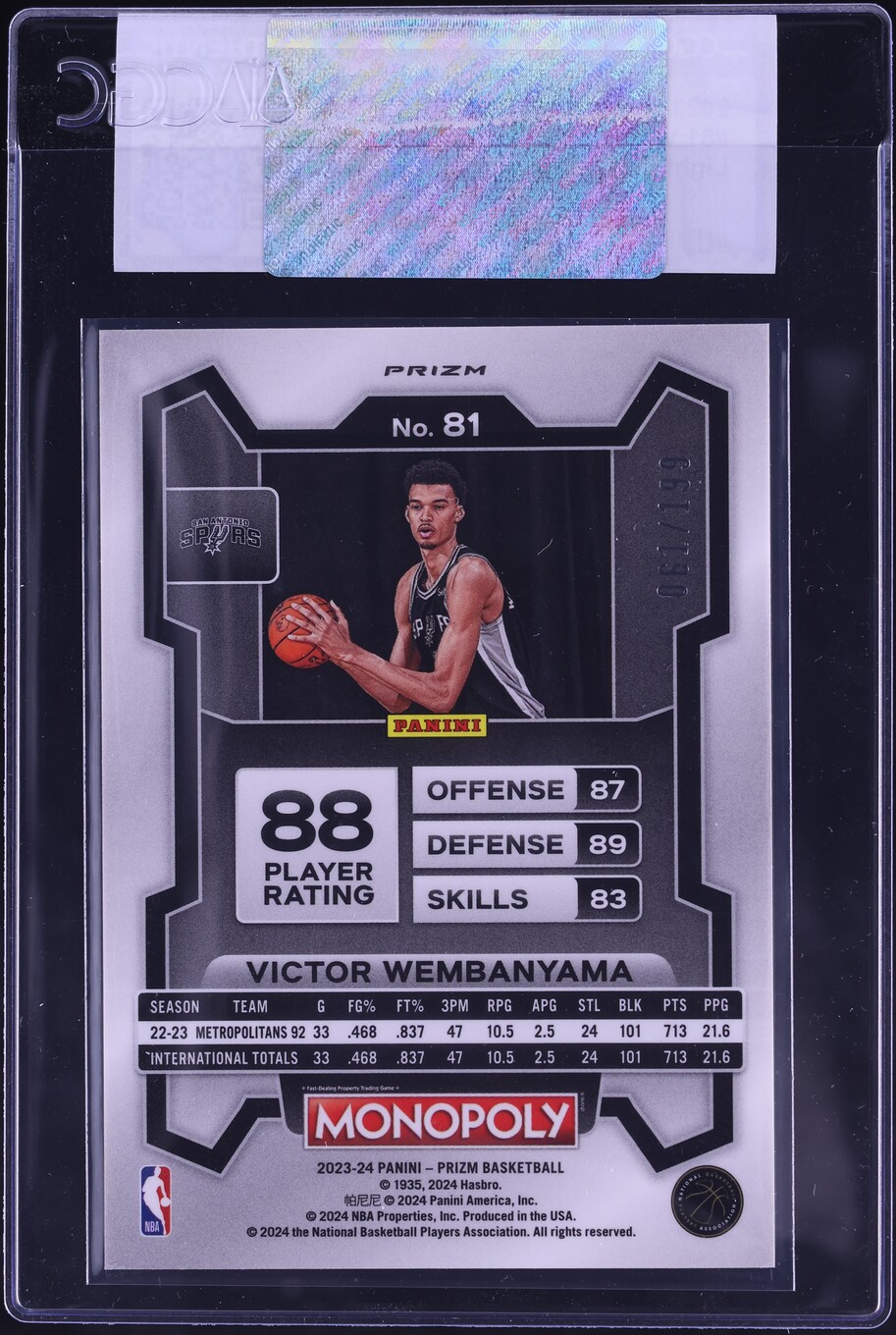 2023 Panini Prizm Monopoly Light Blue Victor Wembanyama ROOKIE /199 #81 CGC AUTH