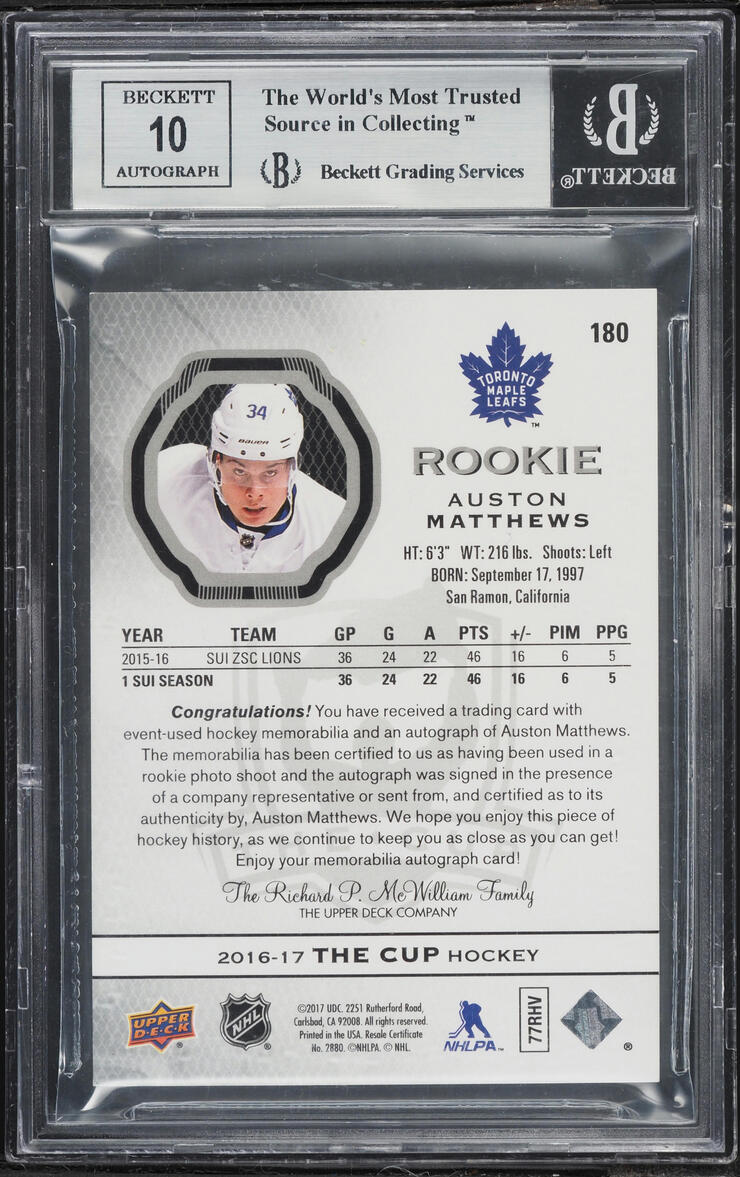 2016 Upper Deck The Cup Auston Matthews ROOKIE PATCH AUTO /99 #180 BGS 9 MINT