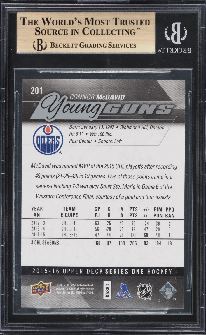2015 Upper Deck Young Guns Connor McDavid ROOKIE #201 BGS 10 PRISTINE