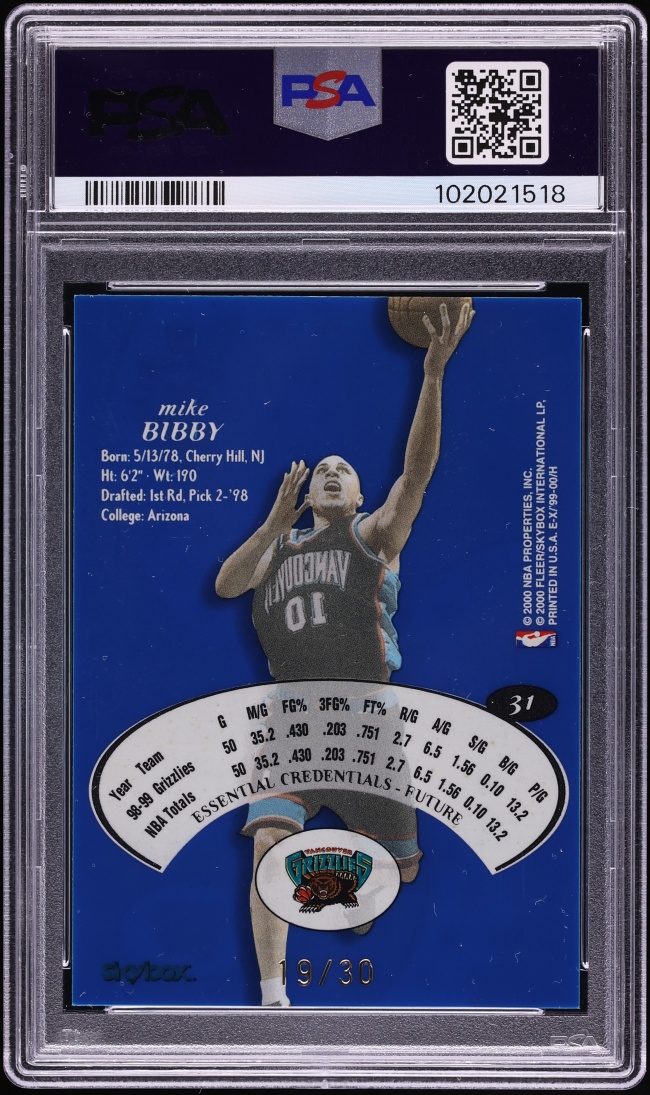 1999 Skybox EX Essential Credentials Future Mike Bibby /30 #31 PSA 9 MINT - Photo 2