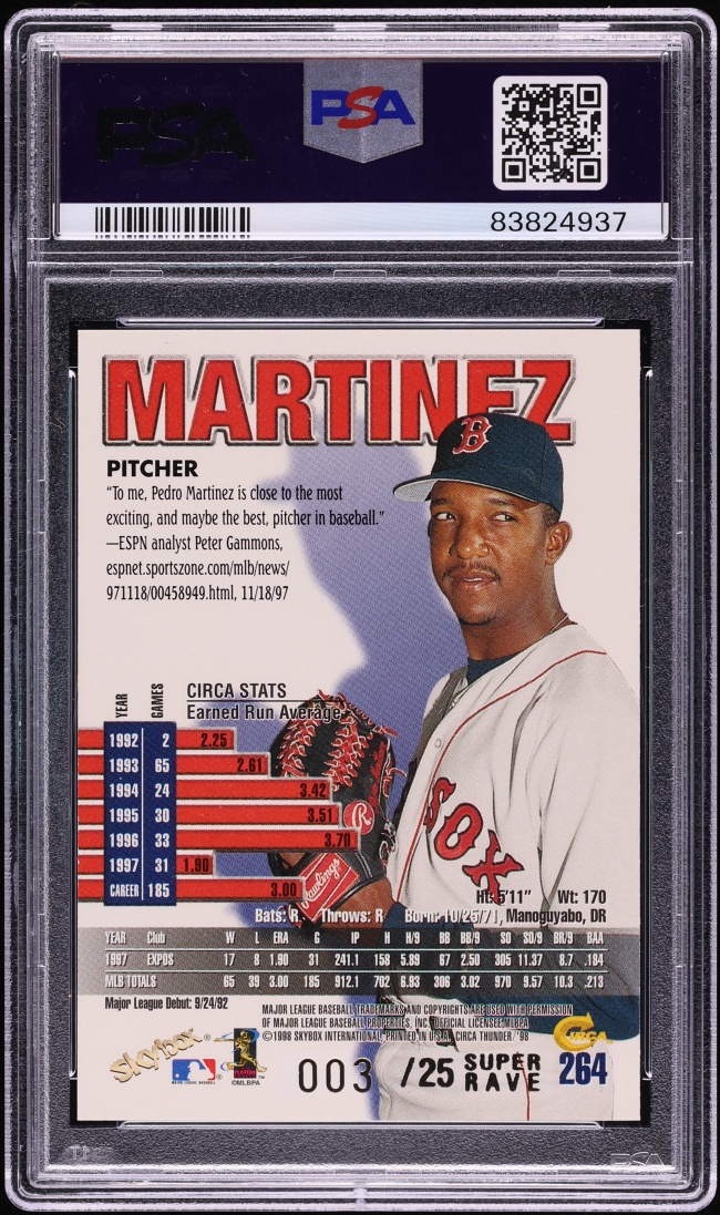 1998 Circa Thunder Super Rave Pedro Martinez /25 #264 PSA 8 NM-MT - Photo 2