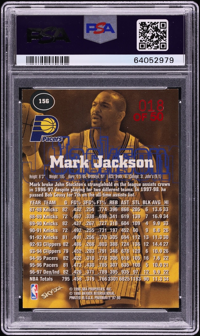 1997 Skybox Premium Star Rubies Mark Jackson /50 #156 PSA 8 NM-MT - Photo 2