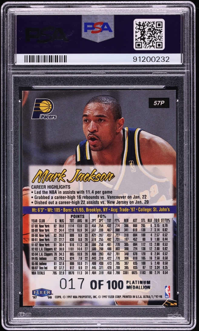 1997 Ultra Platinum Medallion Mark Jackson /100 #57P PSA 9 MINT - Photo 2