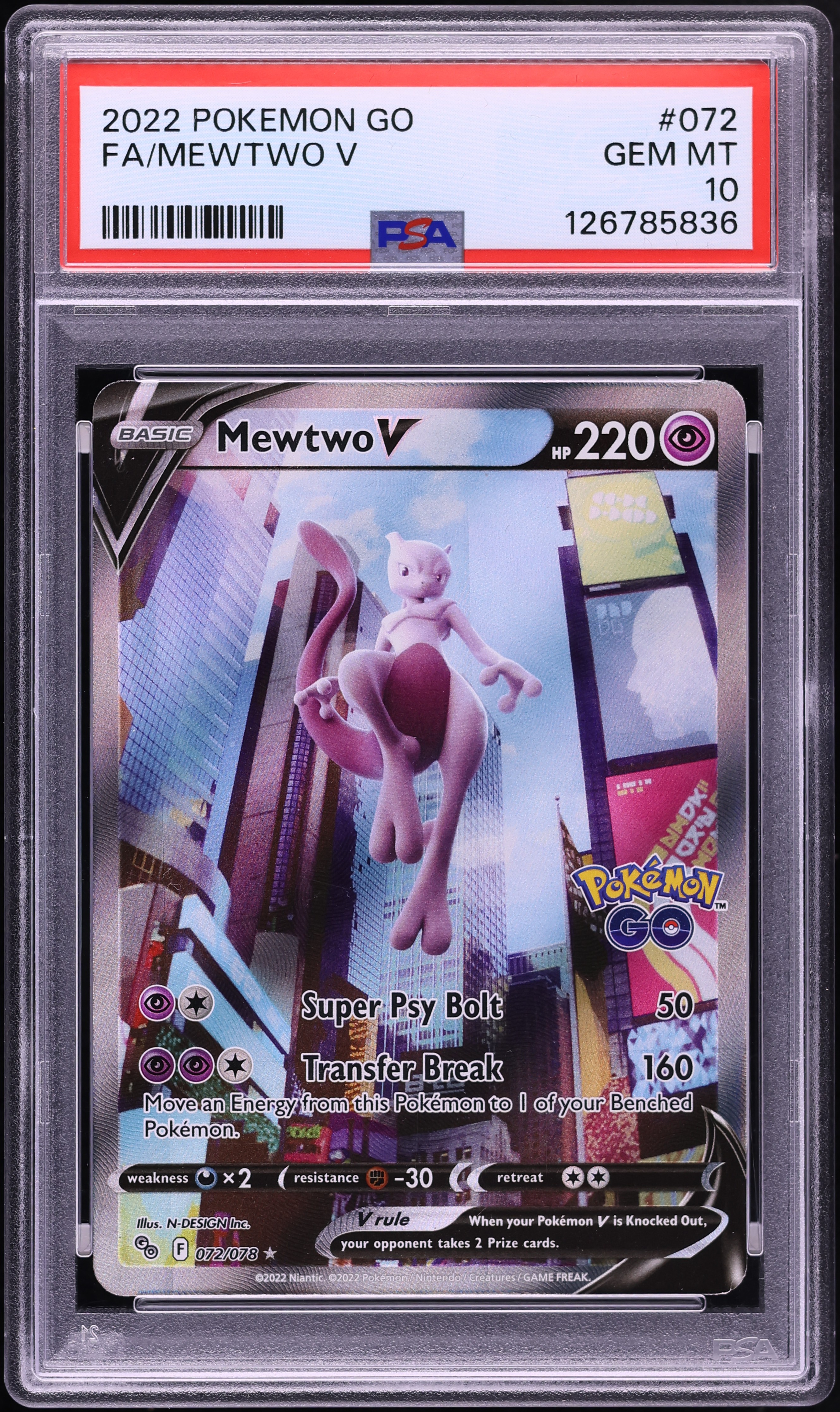 2022 Pokemon Sword & Shield Pokemon GO Full Art Mewtwo V #72 PSA 10 GEM MINT