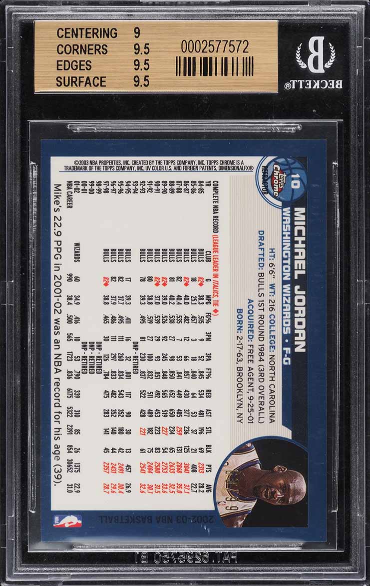 2002 Topps Chrome Black Refractor Michael Jordan /99 #10 BGS 9.5 GEM MINT
