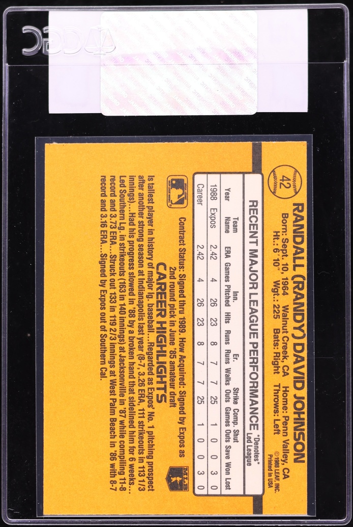 1989 Donruss Randy Johnson ROOKIE #42 CGC AUTH