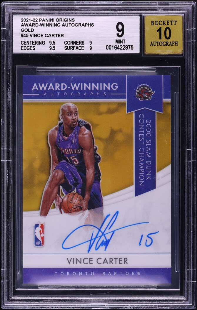 2021 Panini Origins Award-Winning Gold Vince Carter AUTO 10/10 #AW-VCA BGS 9 MINT