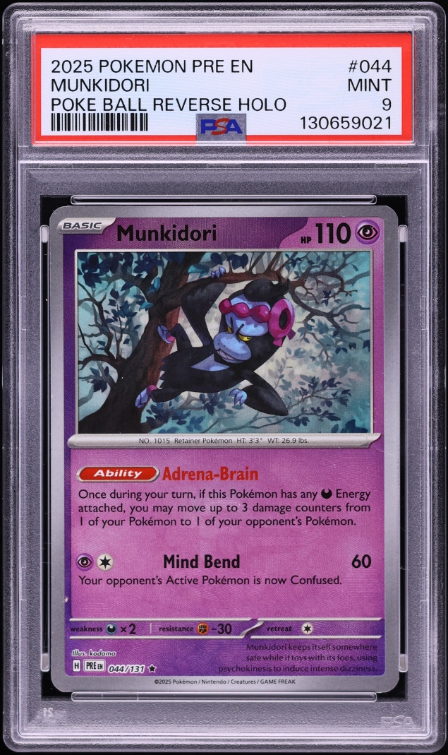 2025 Pokemon SV Prismatic Evolutions Poke Ball Reverse Holo Munkidori #044 PSA 9 MINT