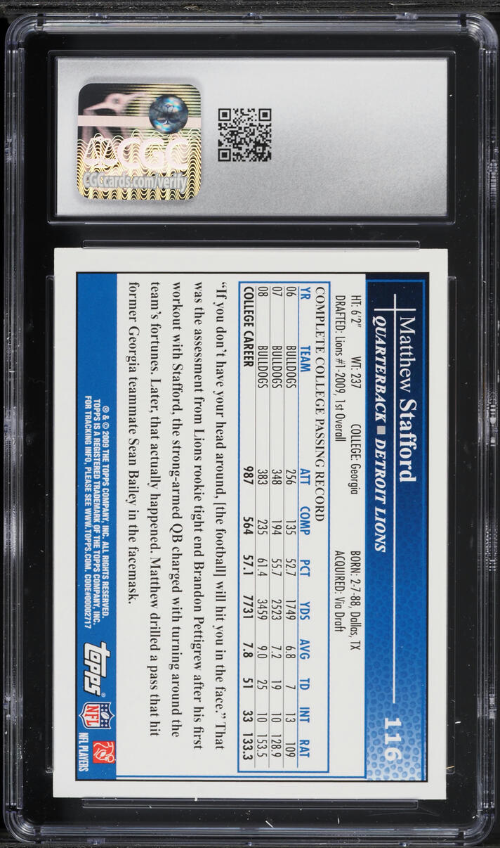 2009 Topps Kickoff Matthew Stafford ROOKIE #116 CGC 8 NM-MT