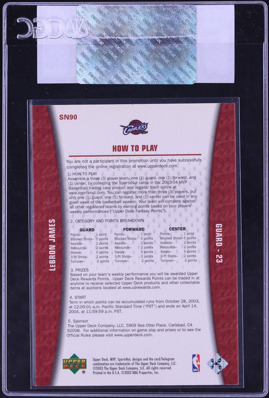 2003 Upper Deck MVP Sportsnut Fantasy LeBron James ROOKIE #SN90 CGC AUTH