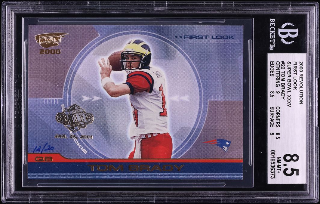 2000 Revolution First Look Super Bowl XXXV Tom Brady ROOKIE JERSEY # 12/20 #22 BGS 8.5 NM-MT+