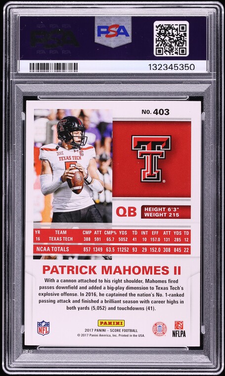 2017 Score Football Patrick Mahomes II ROOKIE #403 PSA 9 MINT