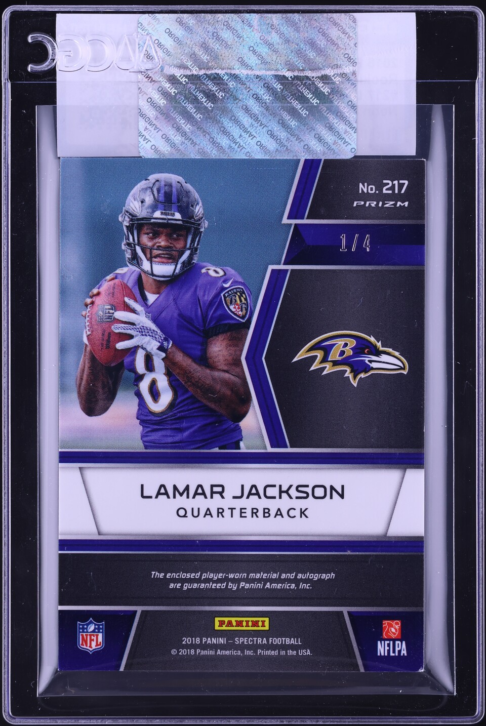 2018 Panini Spectra Neon Marble Lamar Jackson ROOKIE PATCH AUTO 1/4 #217 CGC AUTH