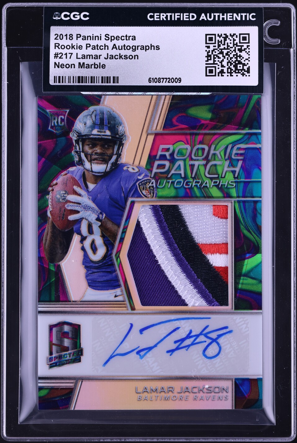 2018 Panini Spectra Neon Marble Lamar Jackson ROOKIE PATCH AUTO 1/4 #217 CGC AUTH