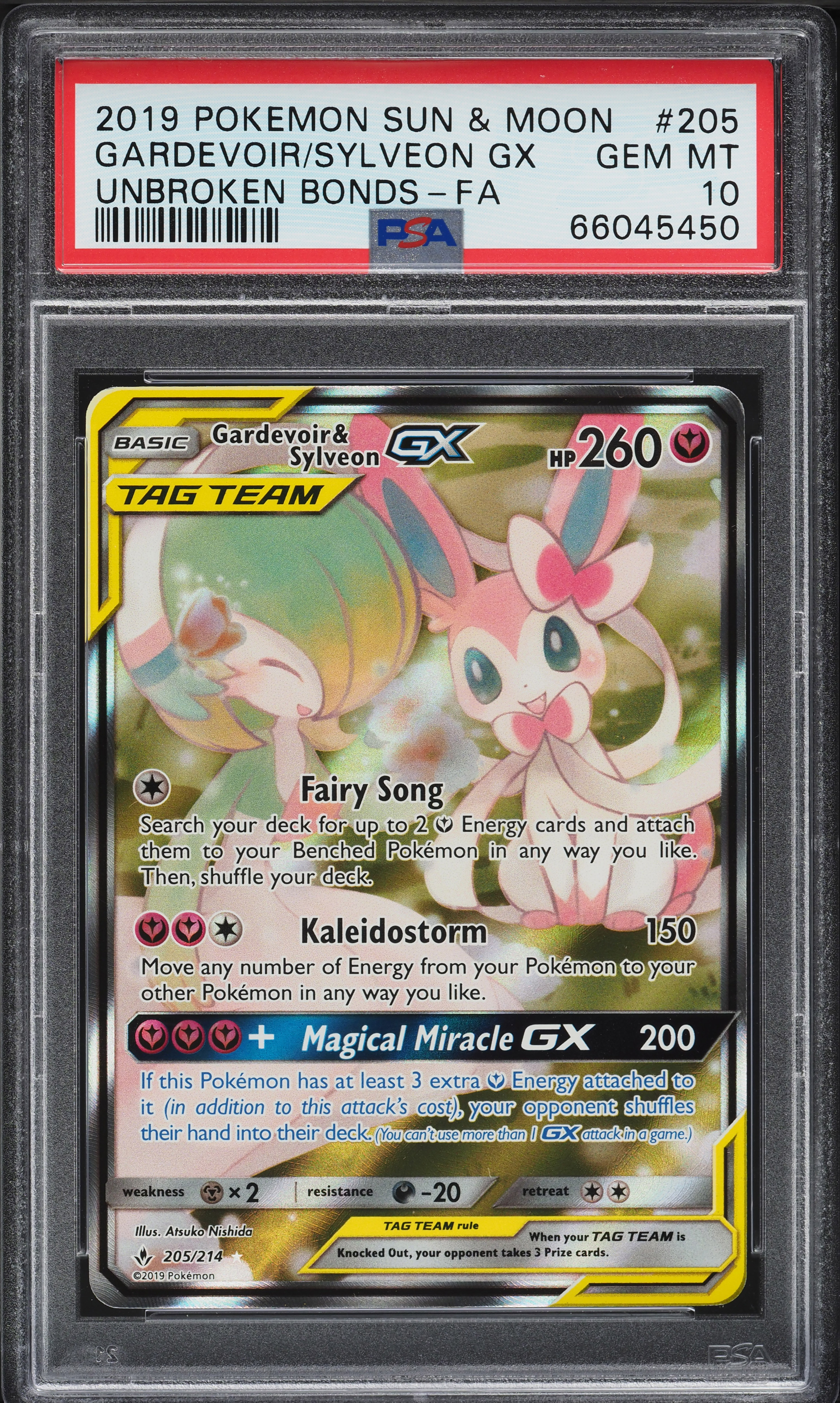 2019 Pokemon Sun & Moon Unbroken Bonds Alt Art Gardevoir Sylveon GX #205 PSA 10