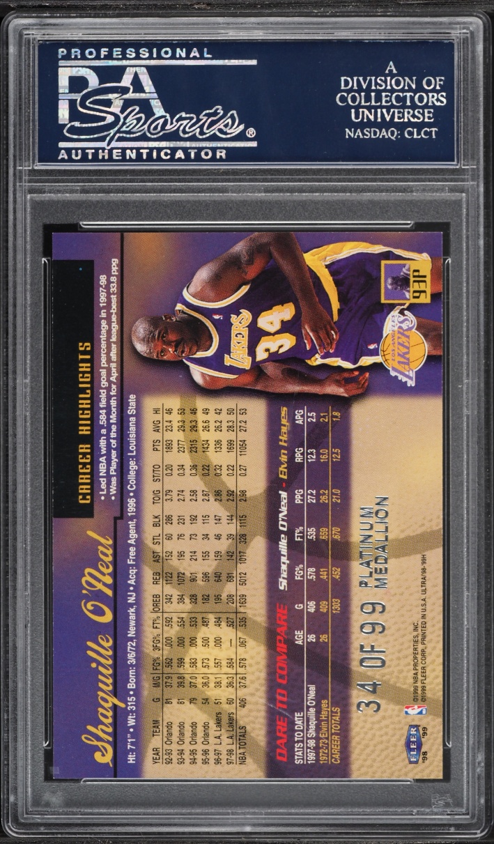 1998 Ultra Platinum Medallion Shaquille O'Neal /99 #93 PSA 9 MINT