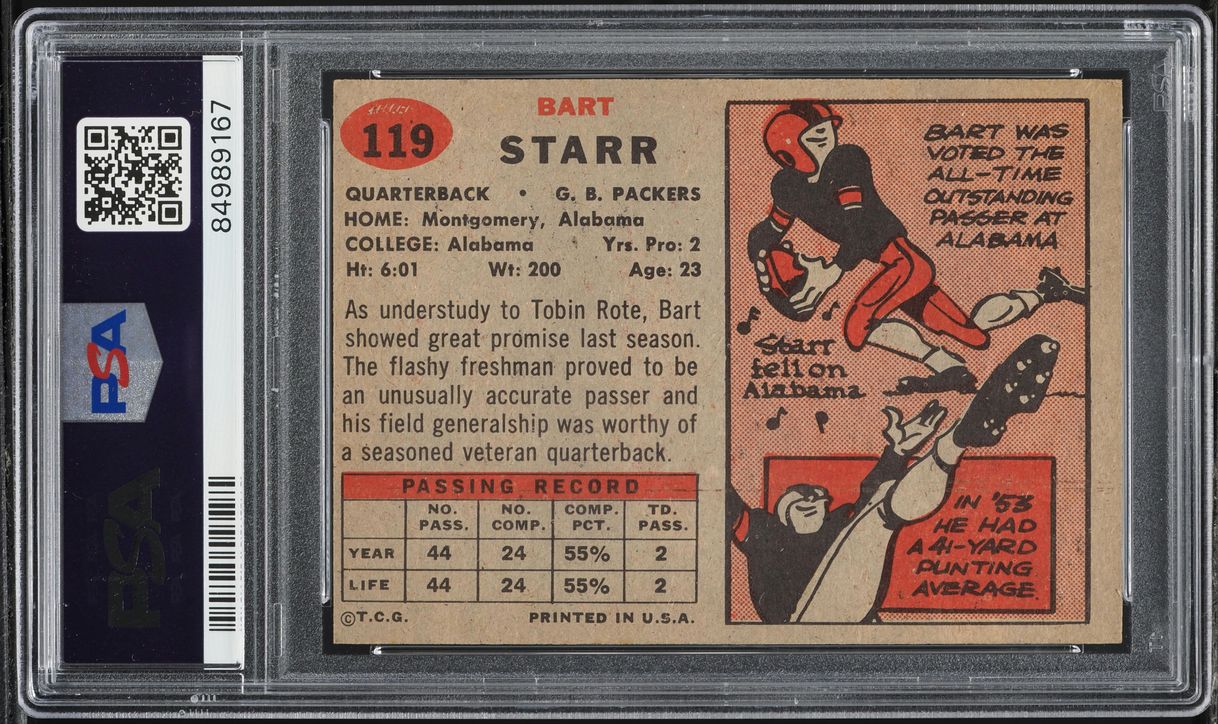1957 Topps Football Bart Starr ROOKIE #119 PSA 6(mc) EXMT