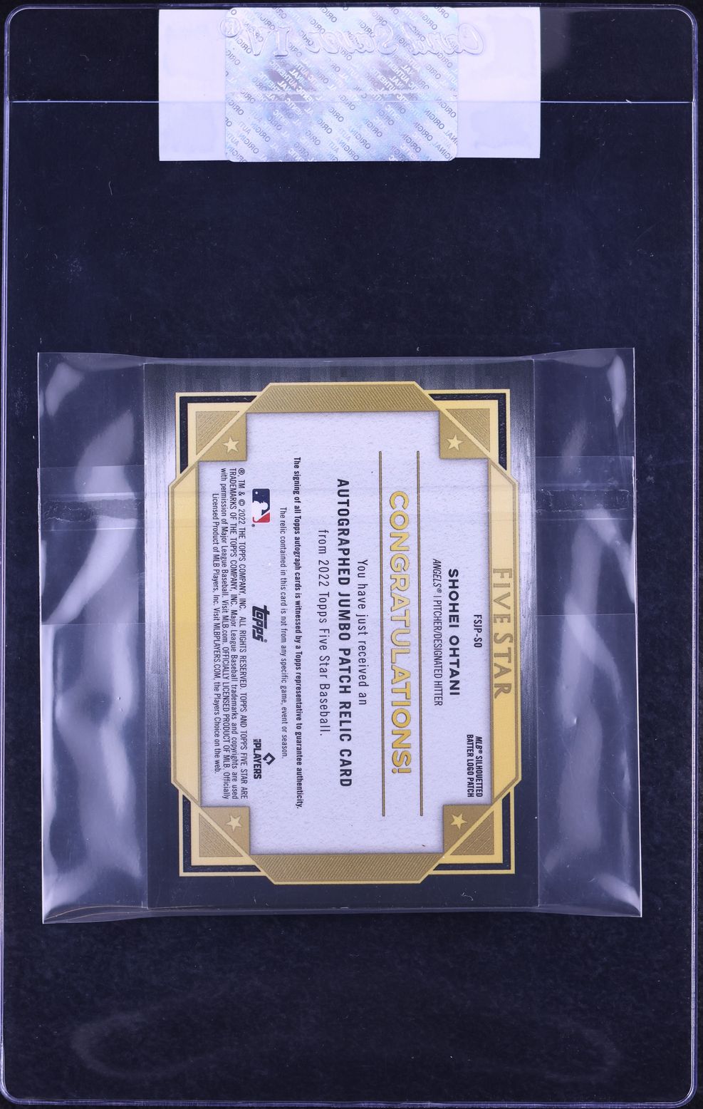 2022 Topps Five Star Jumbo Prime Shohei Ohtani MLB LOGOGMAN PATCH AUTO 1/1 #FSJP-SO CGC AUTH