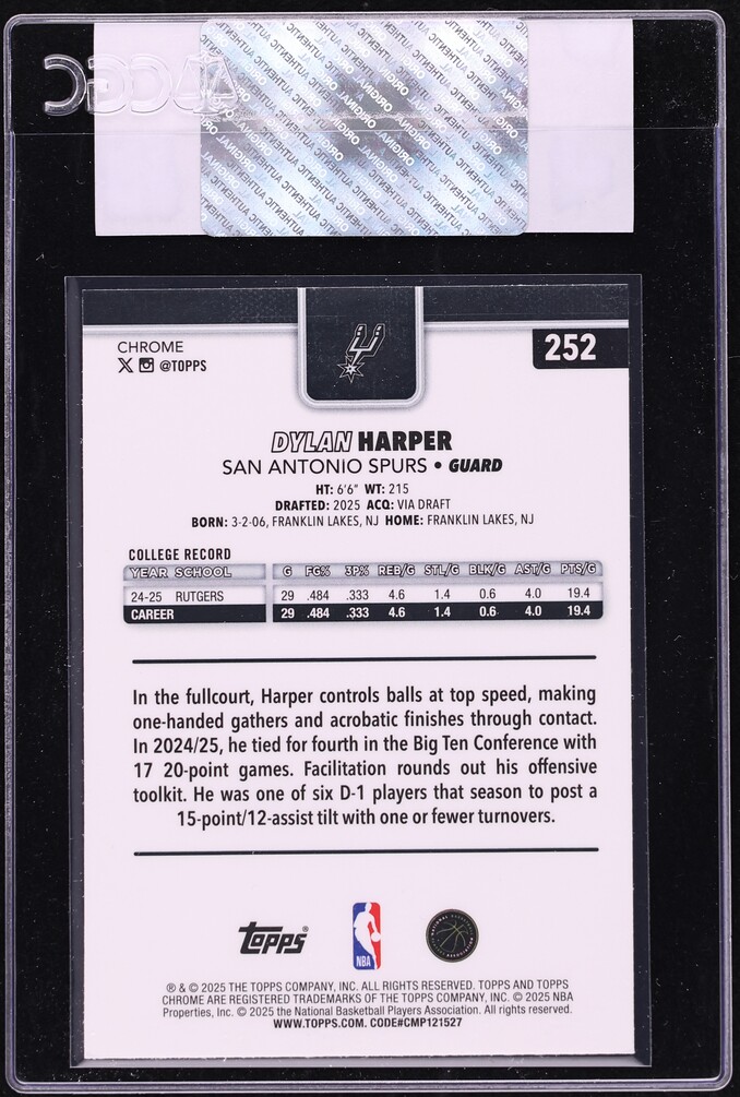 2025 Topps Chrome Dylan Harper ROOKIE #252 CGC AUTH