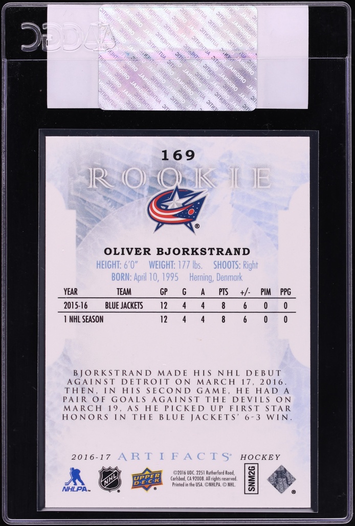 2016 Upper Deck Artifacts Oliver Bjorkstrand ROOKIE /999 #169 CGC AUTH