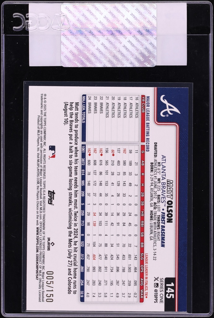 2025 Topps Blue Holo Foil Matt Olson /150 #145 CGC AUTH