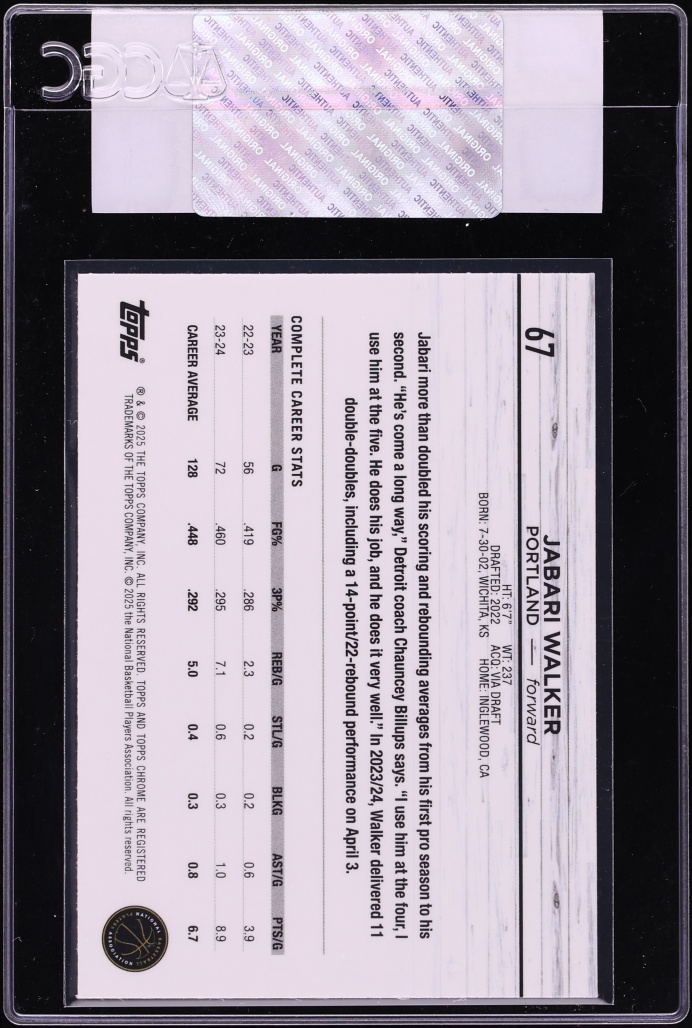 2024 Topps Chrome Purple Speckle Refractor Jabari Walker /299 #67 CGC AUTH