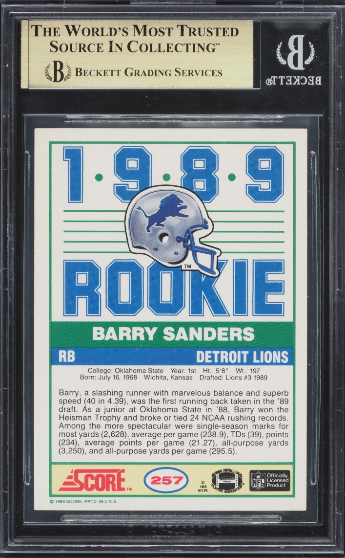 1989 Score Football Barry Sanders ROOKIE #257 BGS 9.5 GEM MINT