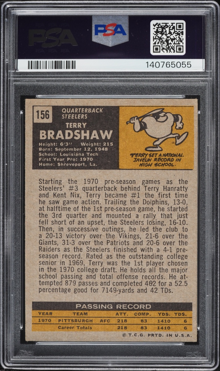 1971 Topps Football Terry Bradshaw ROOKIE #156 PSA 3 VG