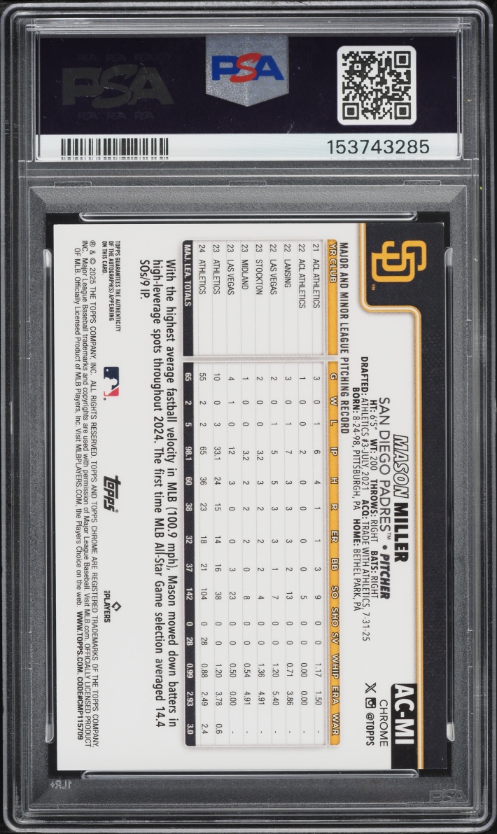 2025 Topps Chrome Update Gold Refractor Mason Miller AUTO /50 #AC-MI PSA 9 MINT