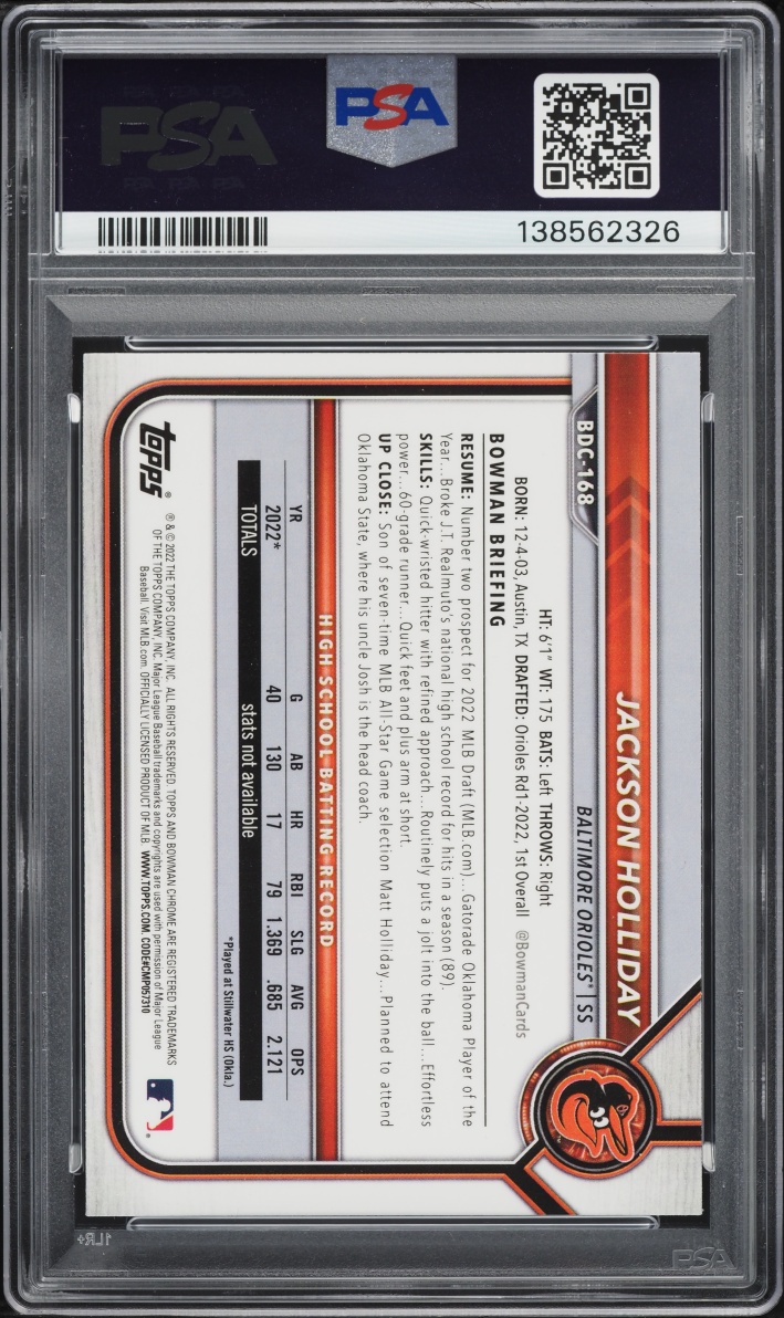 2022 Bowman Chrome Sky Blue Refractor Jackson Holliday PROSPECT #BDC-168 PSA 9 MINT