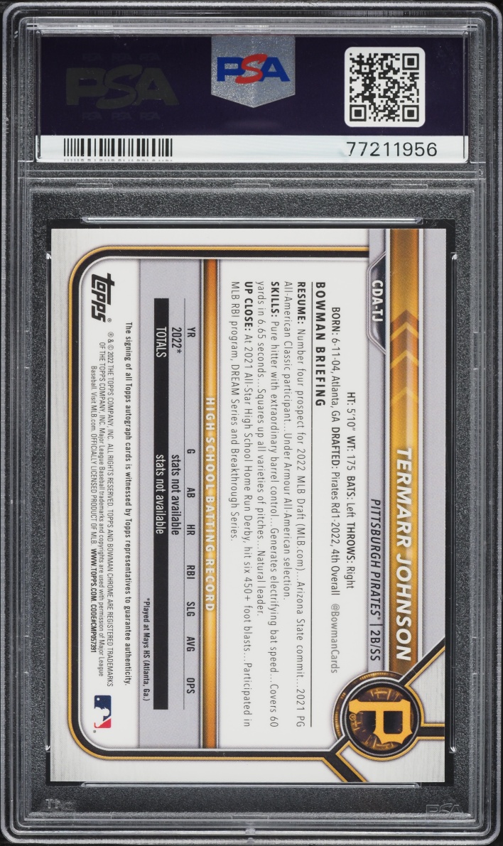 2022 Bowman Chrome Draft Red Refractor Termarr Johnson PROSPECT AUTO /5 #CDA-TJ PSA 10 GEM MINT