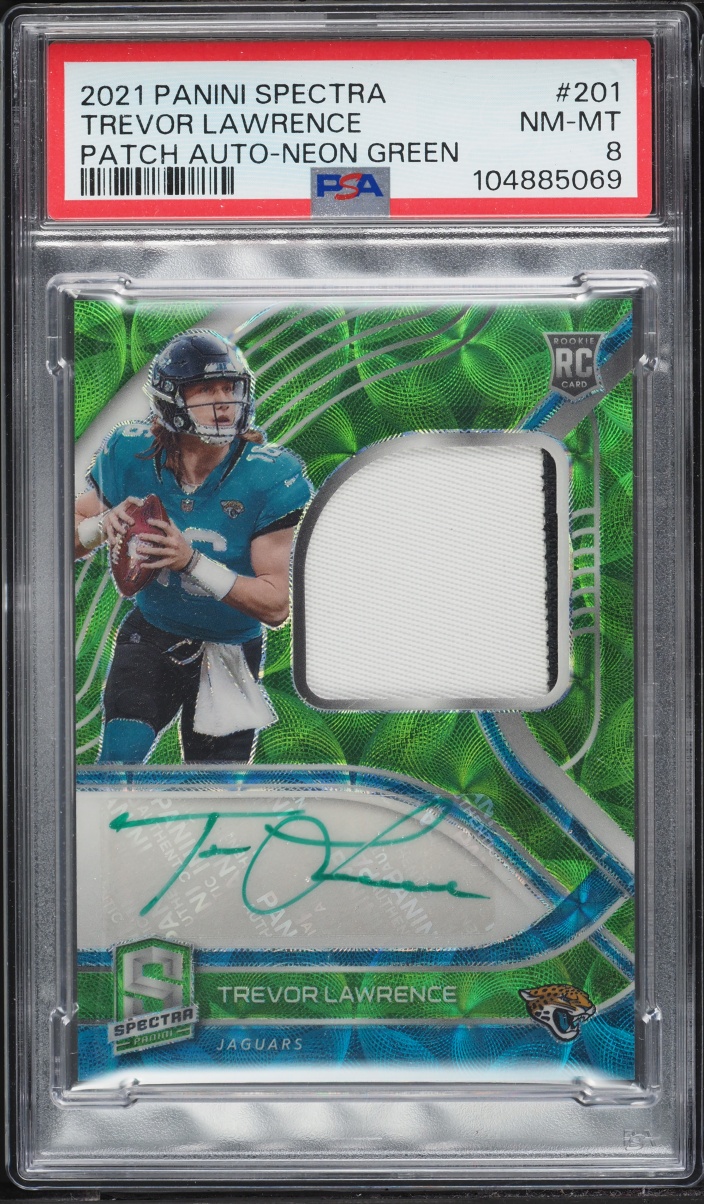 2021 Panini Spectra Neon Green Trevor Lawrence ROOKIE PATCH AUTO /35 #201 PSA 8 NM-MT