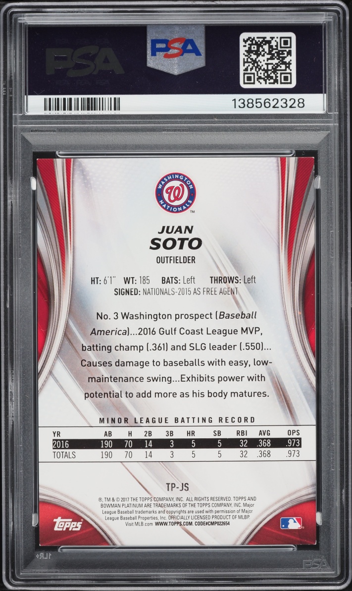 2017 Bowman Platinum Top Orange Juan Soto PROSPECT /25 #TP-JS PSA 8 NM-MT