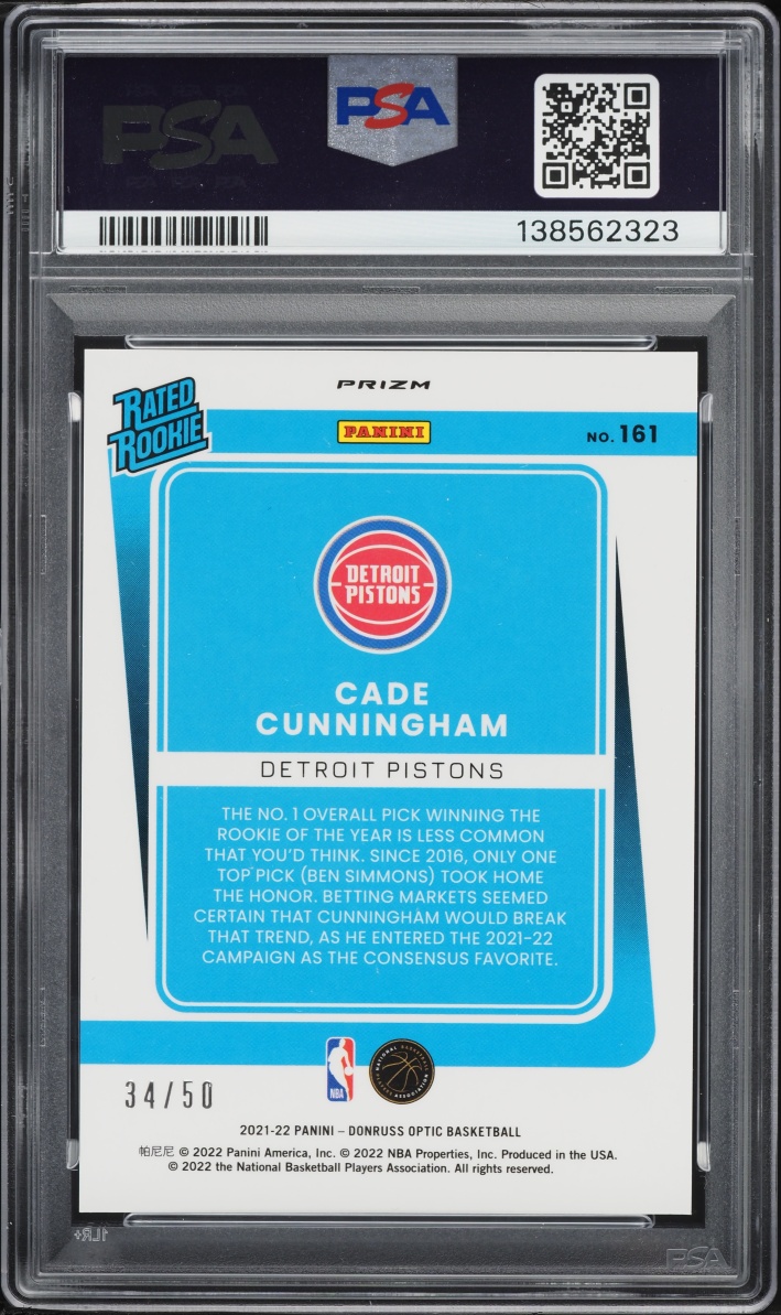 2021 Donruss Optic Fast Break Blue Cade Cunningham ROOKIE /50 #161 PSA 10 GEM MINT