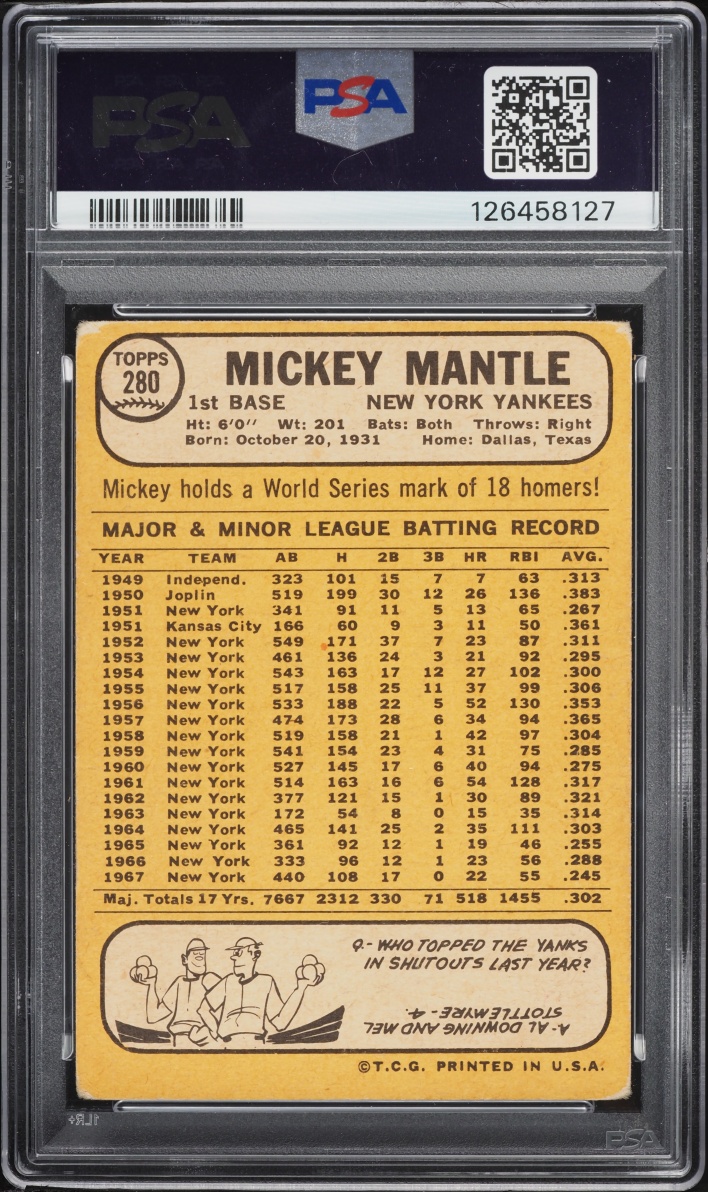 1968 Topps Mickey Mantle #280 PSA 1.5 FR