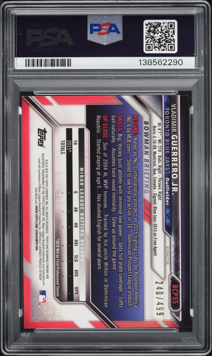 2016 Bowman Chrome Refractor Vladimir Guerrero Jr. PROSPECT /499 #BCP55 PSA 9 MINT