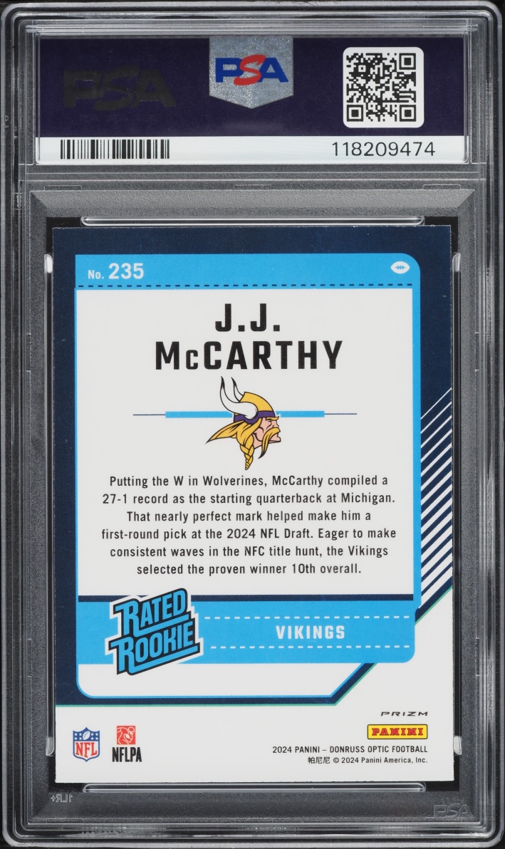 2024 Donruss Optic Purple Shock Prizm J.J. McCarthy ROOKIE #235 PSA 8 NM-MT