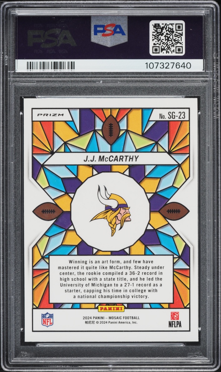 2024 Panini Mosaic Stained Glass J.J. McCarthy ROOKIE #SG-23 PSA 10 GEM MINT