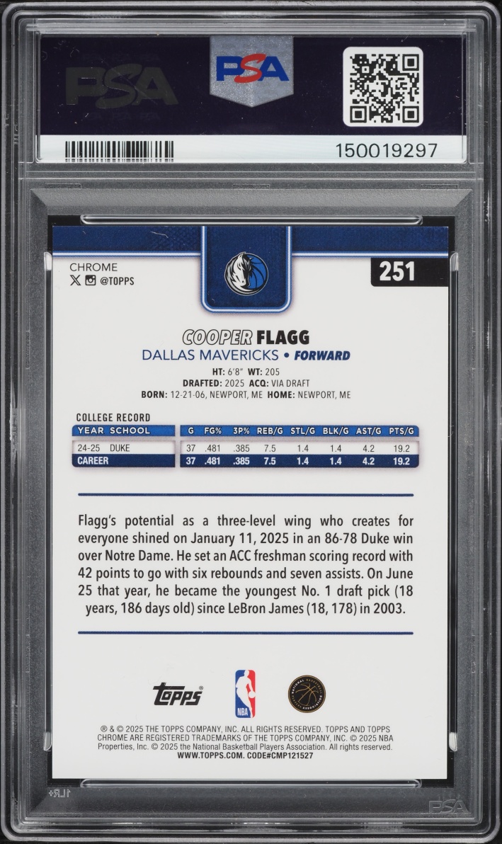 2025 Topps Chrome Gold Raywave Cooper Flagg ROOKIE /50 #251 PSA 9 MINT