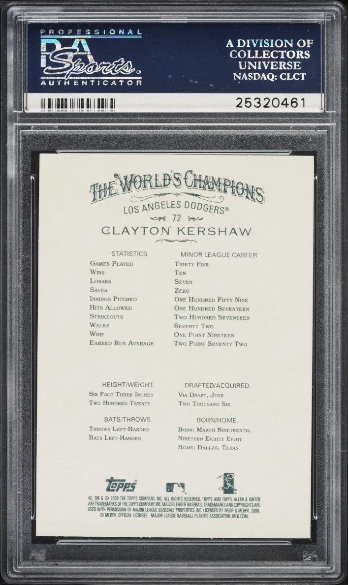 2008 Topps Allen & Ginter Clayton Kershaw ROOKIE #72 PSA 8 NM-MT
