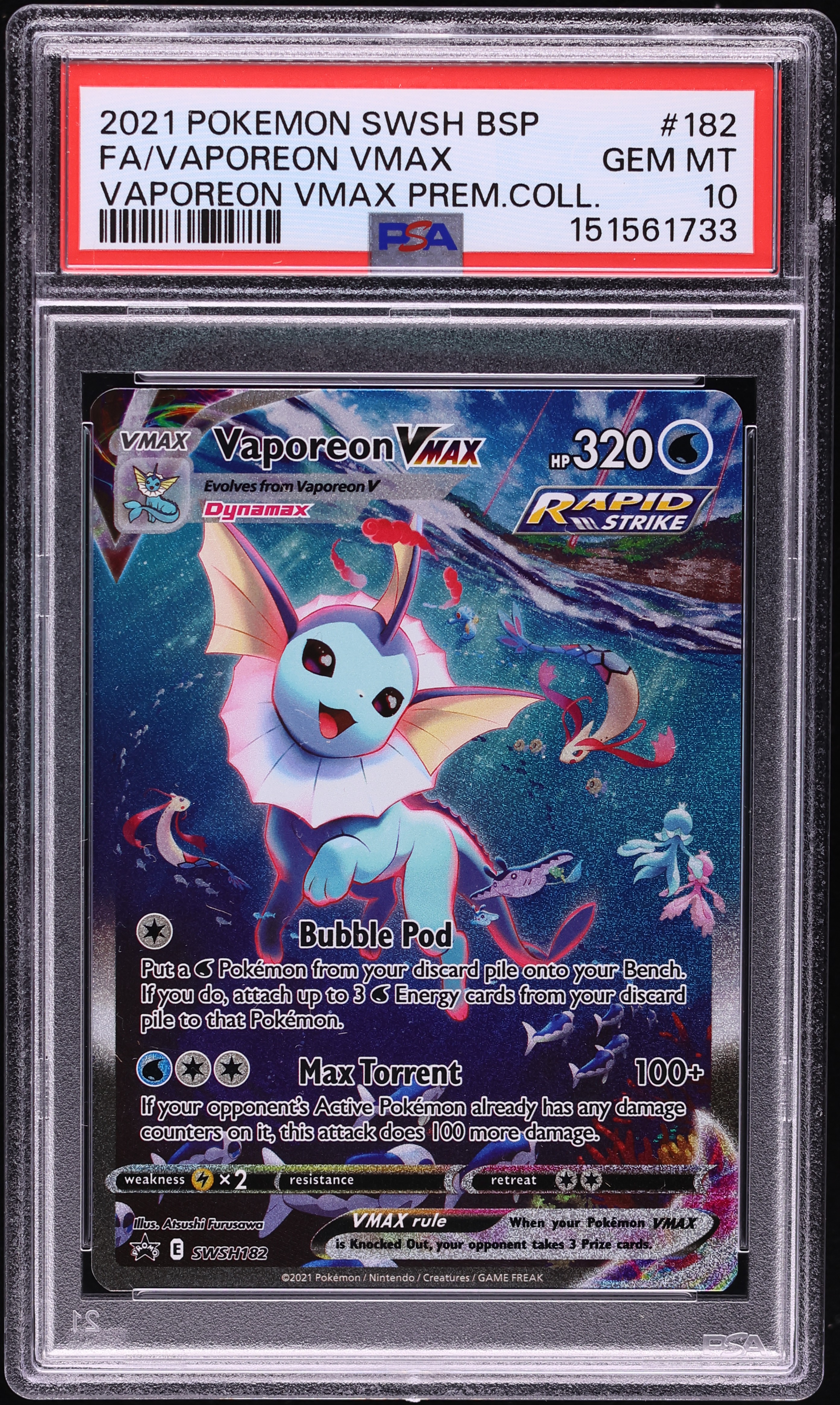 2021 Pokemon Sword & Shield Promo Premium Collection Full Art Vaporeon VMAX #182 PSA 10 GEM