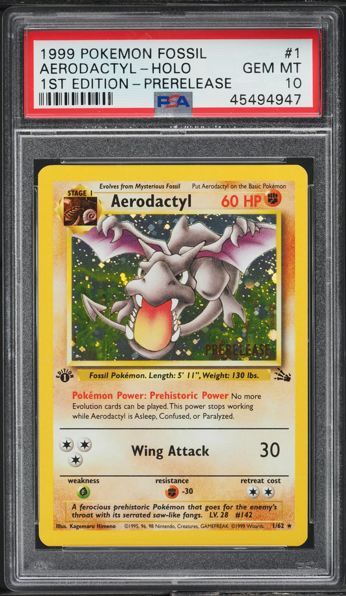 1999 Pokemon Fossil 1st Edition Prerelease Holo Aerodactyl #1 PSA 10 GEM MINT